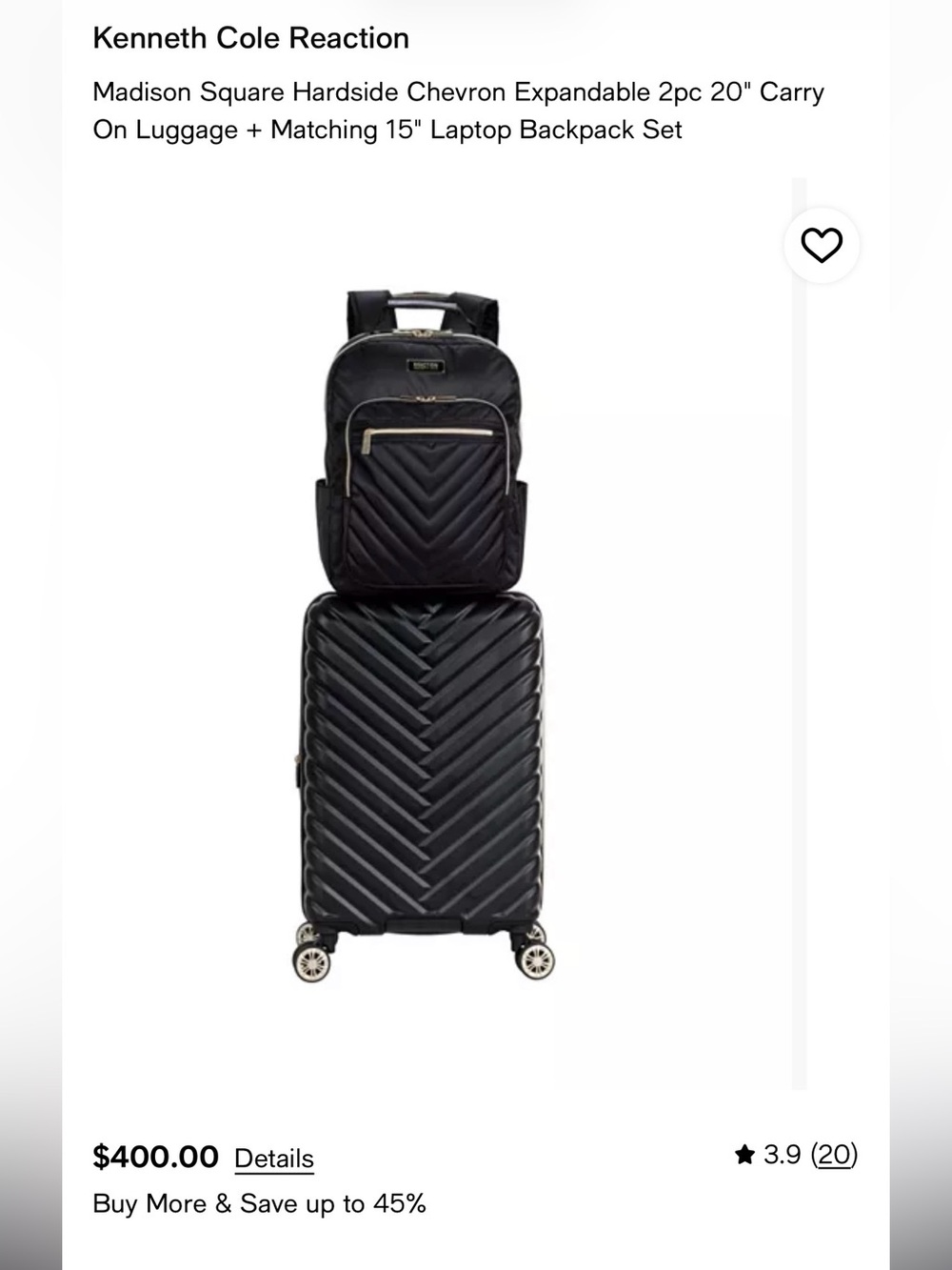 Kenneth Cole Reaction Madison Square 2PC Carry On + Backpack Set USED ONCE